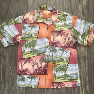 Tommy Bahama Silk Hawaiian Short Sleeve Button Down Camp Shirt Size Large Orange